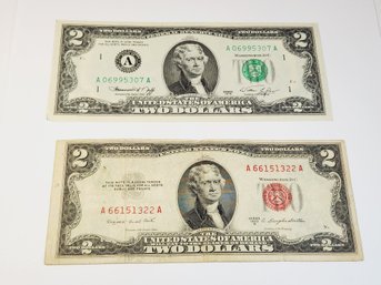 1976 $2 Dollar Federal Reserve Note And 1953 $2 Dollar Red Seal Bill