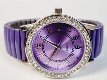 New  Quartz Watch Pastel Purple Metal Stretch Band With Studded Face