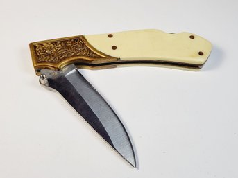 Heavy Solid Vintage Pocket Knife Gold And White