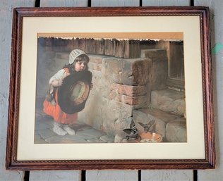 Vintage Print Of Sweet Little Girl With A Big Hat Trying To Capture  Birds Under Single Matt & Wood Frame