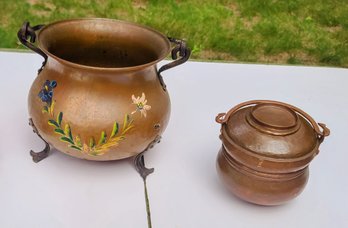 Two Vintage Copper Pots One Has Been Hand Painted