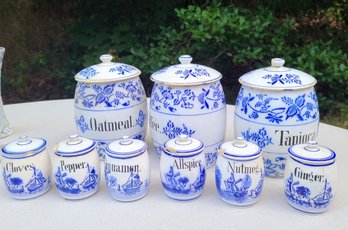 19th Century Flow Blue Canisters/Spice Jars - German - Delft Style,  Barrel Shaped Antiques