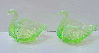 Two Small Vintage Uranium Green Glass Swan Bowls