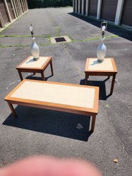 Tile Top And Oak Coffee Table Set With 2 Matching Lamps