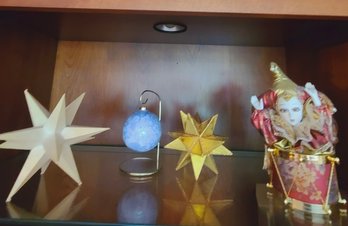 Court Jester Music Box Paired With Art Glass Handblown Ornaments And Two Twelve Point Stars