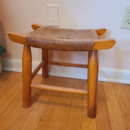 Vintage Woven Rush / Wood Foot Stool / Small Ottoman Bench