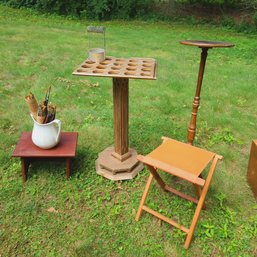 Artists Paint Stand, Canvas Stool, Pitcher Of Brushes On Small Stepstool Plus Vintage Dark Wood Pedestal