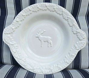 Snow White Ceriart, S. A. Large Heavy Ceramic Reindeer Bowl/plate With Raised Design And Handles.