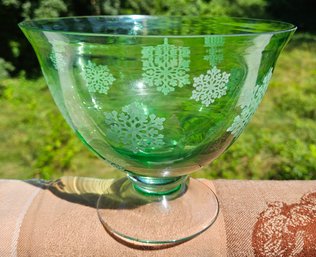 Vintage 1960s Green Crystal Bowl With Clear Footed Base & Frosted Snowflakes