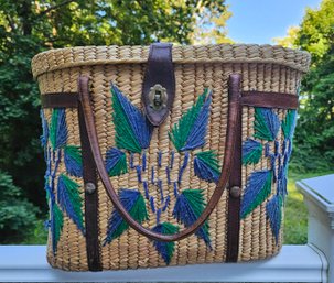 Vintage Woven Straw Tote With Leather Trim And Embroidered Design In Blue & Green