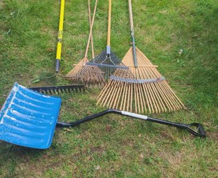 Group Of Six Outdoor Hand Tools Snow Shovel, Rakes