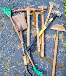 Huge Lot Of Great Sledge Hammers Paired With More Garden Tools