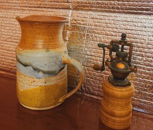 Handmade Water Pitcher And Hand Turned Wood Pepper Grinder