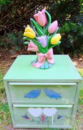 Vintage Metal Storage Container And Floral Painted Iron Doorstopper