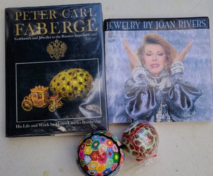 Peter Carl Book On Faberge Eggs And Joan Rivers Book Of Jewelry Paired With Egg Shaped Candles