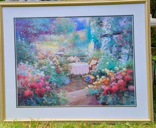 Pretty Patio Garden Watercolor Print Signed Charles Jhan?