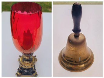 Great Sounding Vintage Brass School Bell With Wood Handle Paired With Vintage Pink Glass Candle Holdere