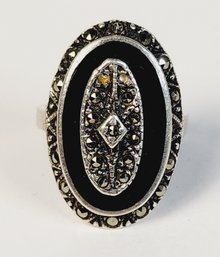 Vintage Large Sterling Silver And Marcasite And Onyx Ring (missing A Few Stones)