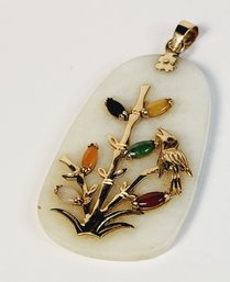 Incredible 14k Yellow Gold On  Stone 'bird In Tree' Pendant