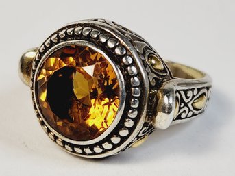 Stunning Vibrant Citrine 2 Tone Victorian Design Sterling Silver Ring With Gold Accents