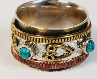 WOW.....Unique Gold And Bronze Over Sterling Silver Turquoise  Spinner Ring