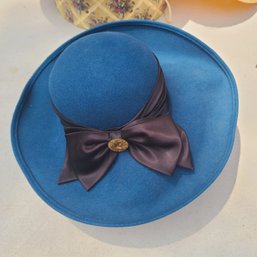 Stylish Bright Blue Jacqueline Ferrar 100 Percent Wool Hat With Black Bow