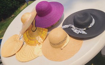 Four Ladies Hats With Hat Box Paired With Three Woven Fans