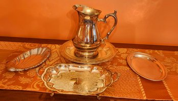 Lot Of Five Silver Plate Serve Ware, Three Platters, Pitcher And Creamer & Sugar