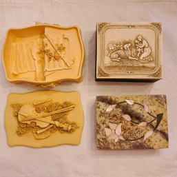 Trio Of Vintage Boxes, One Stone & Inlaid MOP,  One Exquisite Music Box, In Resin Material, One Trinket Box Ca