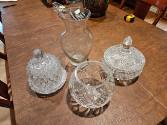 Glass Lot - Cut Glass With Tops, Vase, Bowl (4)