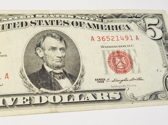 1963 $5 Dollar Red Seal Note / Bill