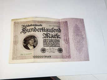 1923  Germany - Republic Treasury Large Note 100000 Mark  Reichsbanknote