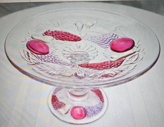 Vintage Set Of (2) Flashed Pressed Glass Pedestal Bon-Bon Dishes With Reversed Raised Fruit Motif