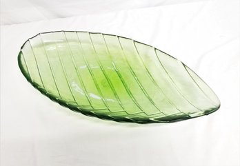 Vintage Large Green Glass Leaf Shaped Serving Dish