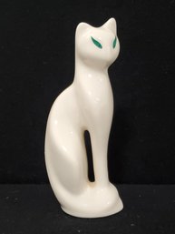 Vintage Mid-Century Art Deco Ivory Ceramic Green-Eyed Cat Figurine