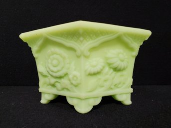 Vintage Green Satin Uranium Glass Fenton Vase Hexagon Footed Bowl Planter