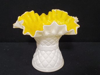 Kanawha Glass Co. White Milk Glass With Yellow Cased Glass Diamond Quilted Pattern Ruffled Top Vase