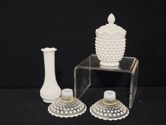 Vintage Fenton Moonstone Hobnail Candlestick Holders &lidded Sugar Bowl & Randall Milk Glass Bud Vase