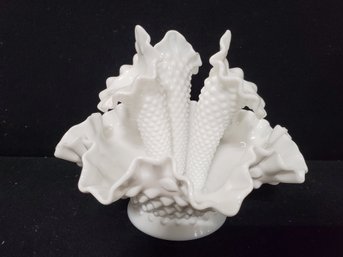 Lovely Vintage Fenton Milk Glass Hobnail Three Horn Epergne