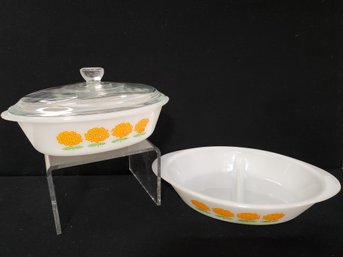 Vintage Glasbake Yellow & Orange Flowers Oval Baking Dishes