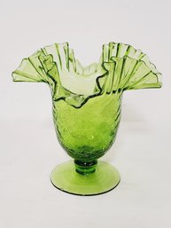 Vintage Blenko Blown Art Glass Crimped Ruffled Edge Green Crackle Vase