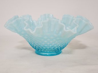 Vintage Fenton Aqua Blue Hobnail Opulescent Ruffled Edge Bowl