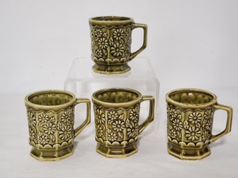 Four Vintage Avocado Green Pottery Daisy Mugs 3.75 Tall 1960s 1970s - Made In Japan