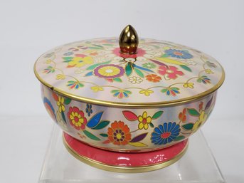 Vintage Daher Made In England Round Floral Tin Container With Lid Pink Pedestal