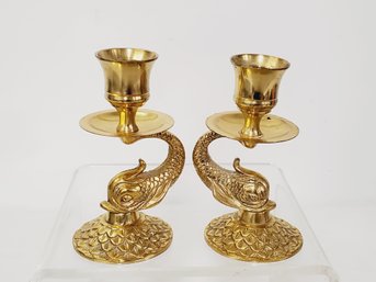 Vintage Pair Of Solid Brass Serpent Or Koi Fish Candlestick Holders - Japan