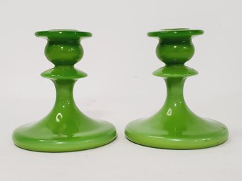 Lovely Vintage Pair Of Green Jadeite Milk Glass Taper Candlestick Holders