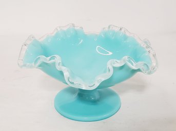 Beautiful Vintage Fenton Turquoise Silver Crest Milk Glass Candy Dish With Crimped Ruffled Edge