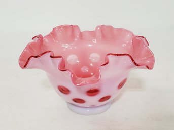 Fenton Glass Cranberry Pink White Opalescent Coin Dot Ruffled Top Footed Bowl