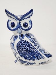 Vintage Cobalt Blue & White Ceramic Owl Figurine