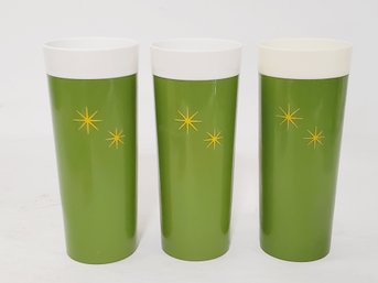 Set Of Three Vintage MCM Olive Green & Gold Starburst Plastic Tumblers